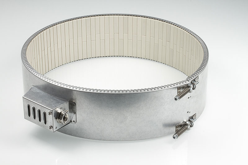 collier chauffant, pour températures jusqu'à 400°C, moulage par injection, extrusion, alésages, évidements, support thermocouple, Chauffage radiant, céramique isolé